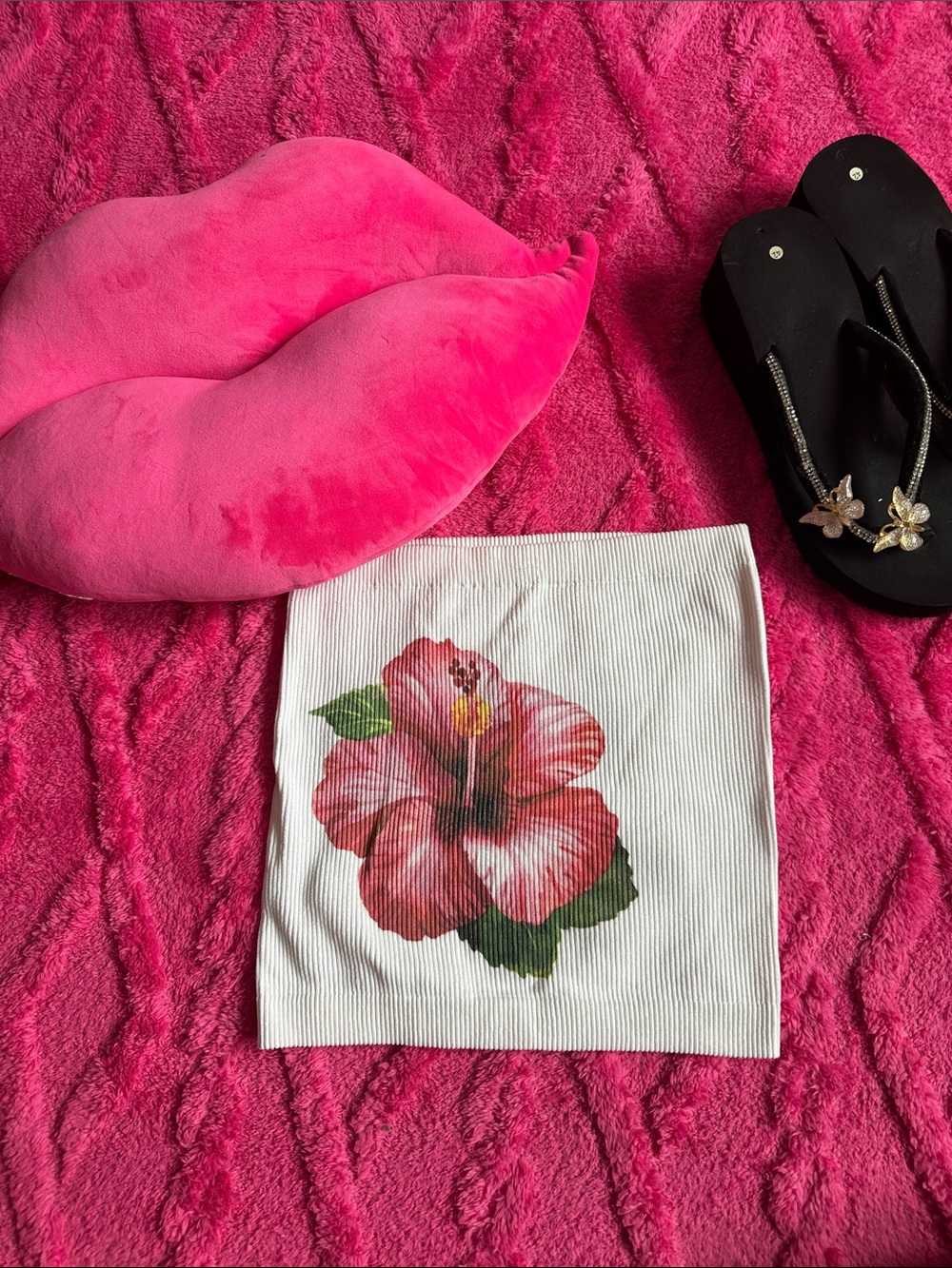 White Floral Tube crop top with hibiscus flower print